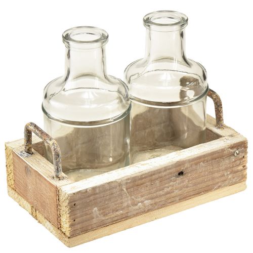 Mini vazos stiklo dekoratyvinis padėklas medinis vintage 16x10x14cm komplektas