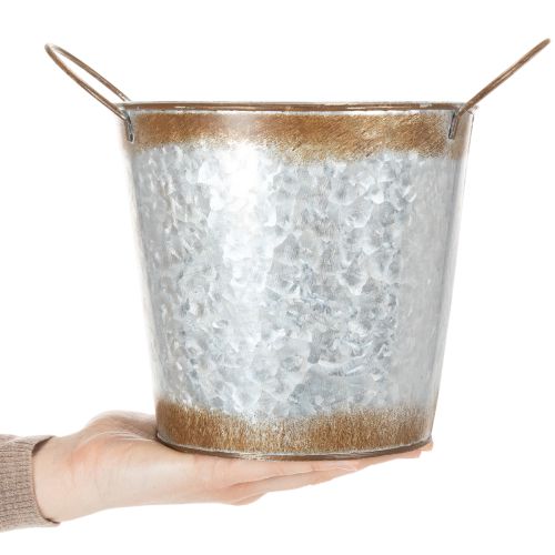 daiktų Metalinis vazonas, gėlių dubuo, augalų vazonas su sidabrinėmis rankenomis, sendinto plieno apdaila, Ø18 cm, aukštis 20 cm