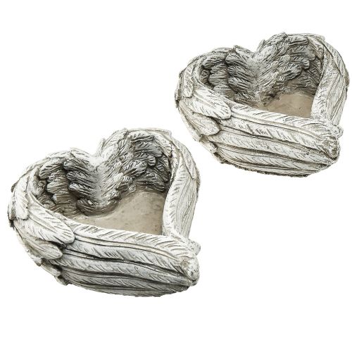Floristik24 Augalinės širdies plunksnos išlietos akmeninės širdelės pilka balta 13×12×6cm 2vnt