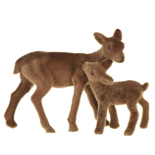 Dekoratyvinės elnio figūrėlės kalėdinės rudos pulkuotos elnios su gelsva gelsva spalva komplekte H9/5.5cm 4 vnt.