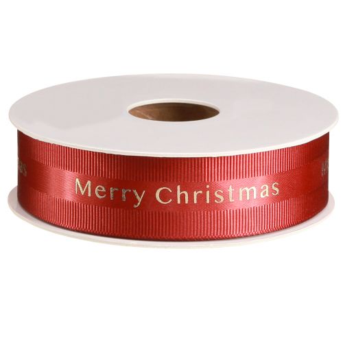 daiktų Raudona kalėdinė juostelė su auksine raide "Merry Christmas", plotis 25mm, ilgis 20m