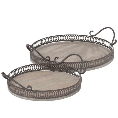 daiktų Padėklas su rankenomis apvalus padėklas senovinis rudas Ø26/33cm rinkinys po 2