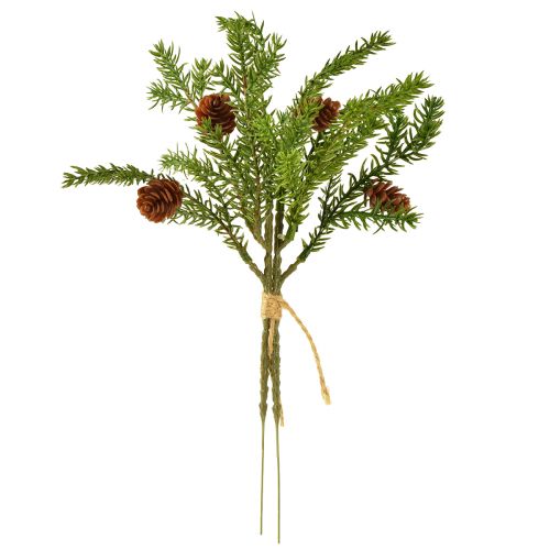 daiktų Dirbtinė eglės šaka su dviem natūraliais kūgiais - Surišta džiutu - Puiki kalėdinė puošmena 28cm 4vnt