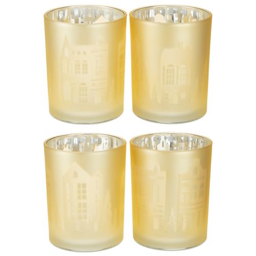 Floristik24 Stikliniai žibintai, sidabro spalvos, aukso spalvos, miesto siluetas, aukštis 12,5 cm, 4 vnt.