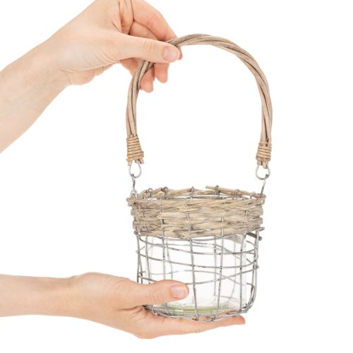 Kabančio žibinto dekoracija, metalas, stiklas, gluosnis, Ø13cm, aukštis12cm, 2 vnt. | Floristik24.lt