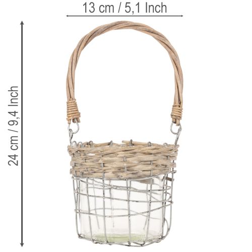 Kabančio žibinto dekoracija, metalas, stiklas, gluosnis, Ø13cm, aukštis12cm, 2 vnt. | Floristik24.lt