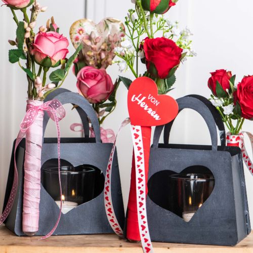 Floristik24 Žibintų metalinis dekoravimo krepšys su širdimi antracitu H18cm 2vnt