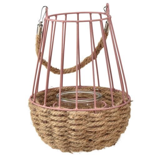 daiktų Žibintas su rankena ir žvakių stiklu rožinis natūralus Ø18cm H22cm
