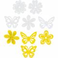 Floristik24 Gėlės ir drugeliai geltonai pabarstyti, baltos spalvos medžio pabarstyti apdaila pavasarinė dekoracija 72vnt