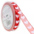 Floristik24 Dekoratyvinės juostelės širdelės, vestuvių puošmena, juostelė Valentino diena raudona, balta 15mm 20m