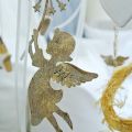 Floristik24 Angelas su kiaulpiene, kalėdinis papuošimas, dekoratyvinis pakabukas, metalo puošmena auksinė senovinė išvaizda H16/15cm 4vnt.