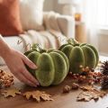 Pūkuoto moliūgo dekoracija, 20 cm, žalias moliūgas, aksominė imitacija, 2 vnt. | Floristik24.lt
