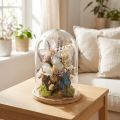 Stiklinis varpelis ant medinio padėklo, stiklinis indelis, skaidrus, natūralus, Ø17cm, H24cm | Floristik24.lt