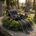 Elegantiška muaro vainiko juostelė, 175 mm juoda su perlų kraštu ir taftiniu pynimu, dekoratyvinė juostelė laidotuvių floristikai, kaspino juostelė, 25 m | Floristik24.lt