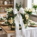 Elegantiška muaro vainiko juostelė, 200 mm, balta su auksiniu perlų kraštu ir specialiu apdailu, 25 m - Puikiai tinka dekoracijoms ir šventėms | Floristik24.lt