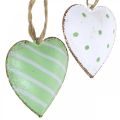 Floristik24 Metalinės širdelės pakabinimui, Valentino diena, pavasario puošmena, širdelės pakabukas žalias, baltas H3,5cm 10vnt.