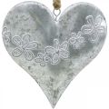 Floristik24 Širdelės pakabinamos, metalinė puošmena su įspaudu, Valentino diena, pavasarinė puošmena sidabrinė, balta H13cm 4vnt.