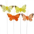 Floristik24 Dekoratyviniai drugeliai, gėlių kamščiai, pavasariniai drugeliai ant vielos geltona, oranžinė 4×6,5cm 12vnt.